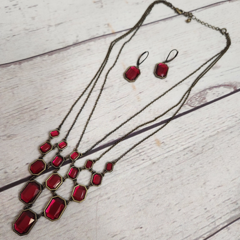 Red Multi-Stone Statement Necklace and Earring Set - Women Jewelry